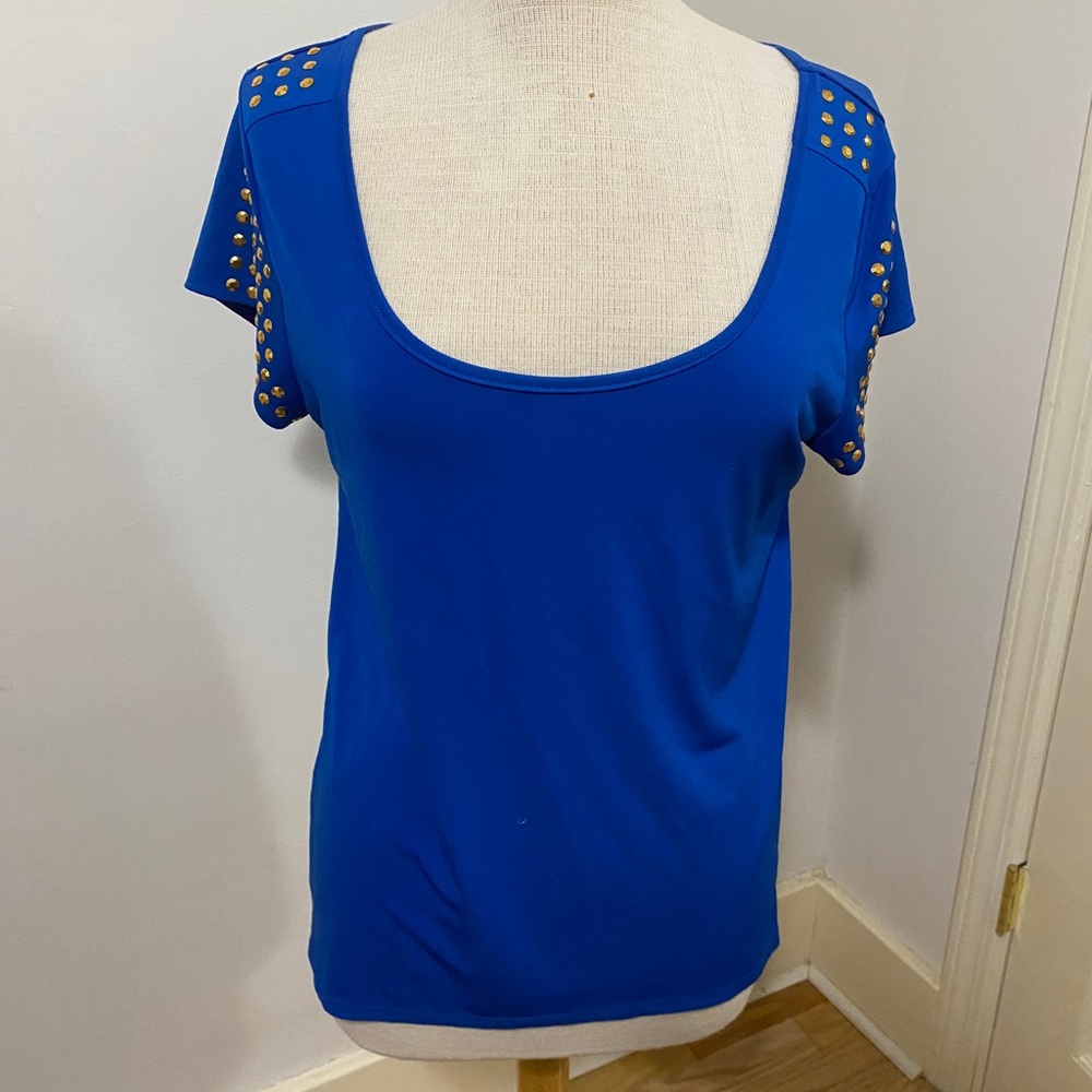 Nicki Minaj blue mesh shirt with gold studs